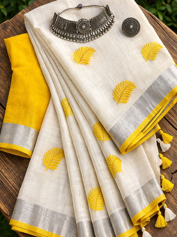 Handwoven Bhagalpuri Linen Blend Embroidered Saree With Contrast Blouse Piece(White_Yellow)