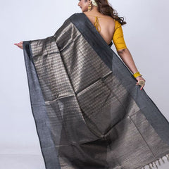 Handloom Bhagalpuri Cotton Munga Silk Geometric Zari Weaving Designer Black Saree - View 2