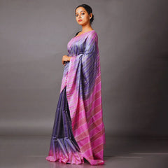 Women's Handloom Two Dye Semi Tussar Silk Striped Bhagalpuri Saree (Cold_Purple & Brilkliant_Pink) - View 2