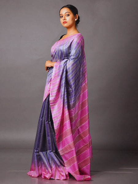 Women's Handloom Two Dye Semi Tussar Silk Striped Bhagalpuri Saree (Cold_Purple & Brilkliant_Pink) - View 2