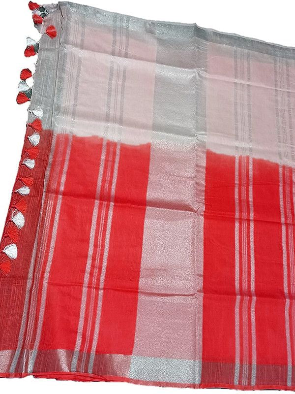 Red women's Bhagalpuri Linen-Slub Blend Two Dye Saree With Blouse Piece - View 4