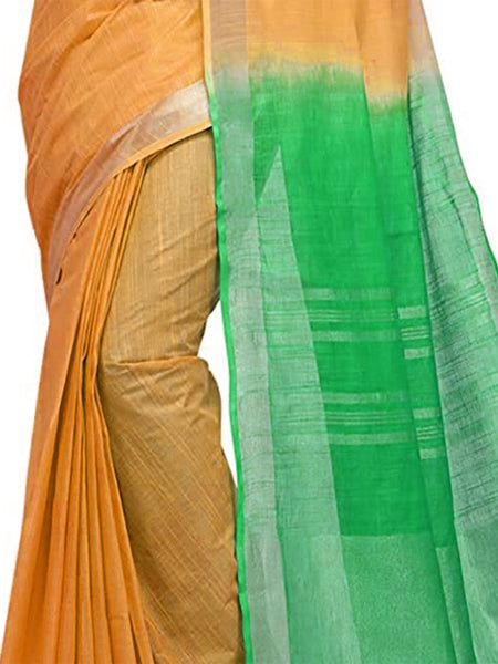 Orange & Honeydew Green women's Bhagalpuri Handloom Linen Cotton Blend Two Dye Saree With Running Unstitched Blouse Piece - View 4