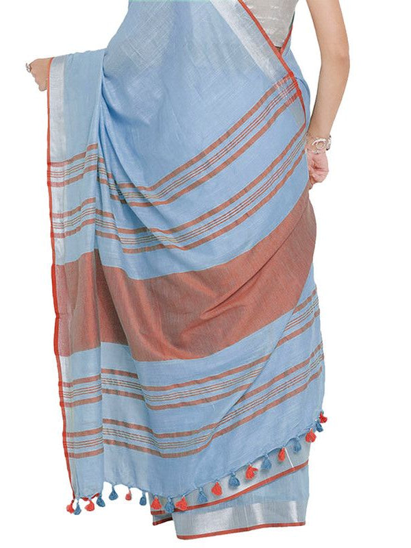 Powder Blue-Orange women's Bhagalpuri Handloom Cotton Linen Blend Contrast Pallu Saree And Unstitched Contrast Blouse Piece - View 6