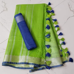 Handloom Bhagalpuri Linen Cotton Blend Contrast Border Saree for Women (12629 Green-Blue)