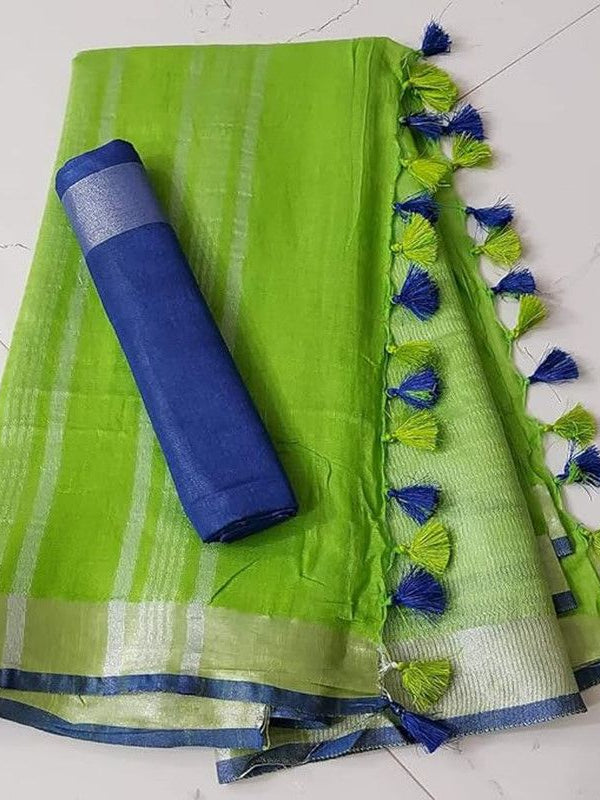 Handloom Bhagalpuri Linen Cotton Blend Contrast Border Saree for Women (12629 Green-Blue)