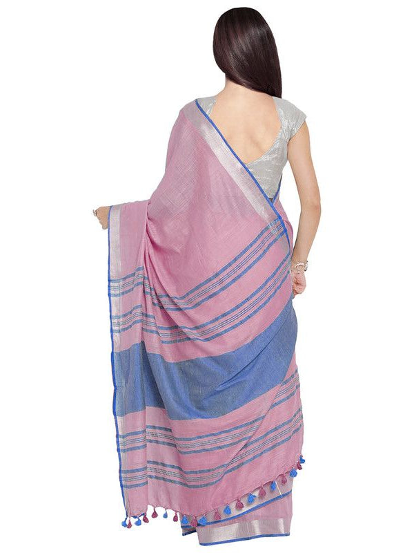 Fairy Tale Pink-Cyan women's Bhagalpuri Handloom Cotton Linen Blend Contrast Pallu Saree And Unstitched Contrast Blouse Piece - View 4