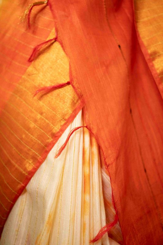 Sibory Handloom Bhagalpuri Silk Bandhani Dye Sequins Striped Saree (Yellowish_Orange) - View 6