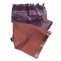 Quinacridone Magenta & Redwood Brown women's Bhagalpuri Ethnic Wear Handloom Cotton Linen Slub Blend Zari Border Two Dye Saree With Running Unstitched Blouse Piece