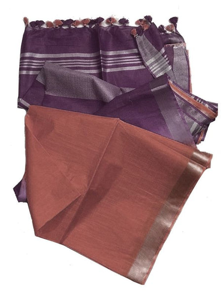 Quinacridone Magenta & Redwood Brown women's Bhagalpuri Ethnic Wear Handloom Cotton Linen Slub Blend Zari Border Two Dye Saree With Running Unstitched Blouse Piece