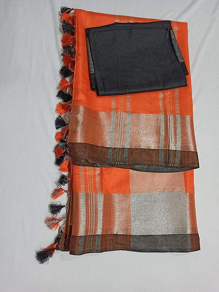 Orange Bhagalpuri Handloom women's Linen Slub Blend Saree With Black Pipin Contrast Blouse Piece - View 3