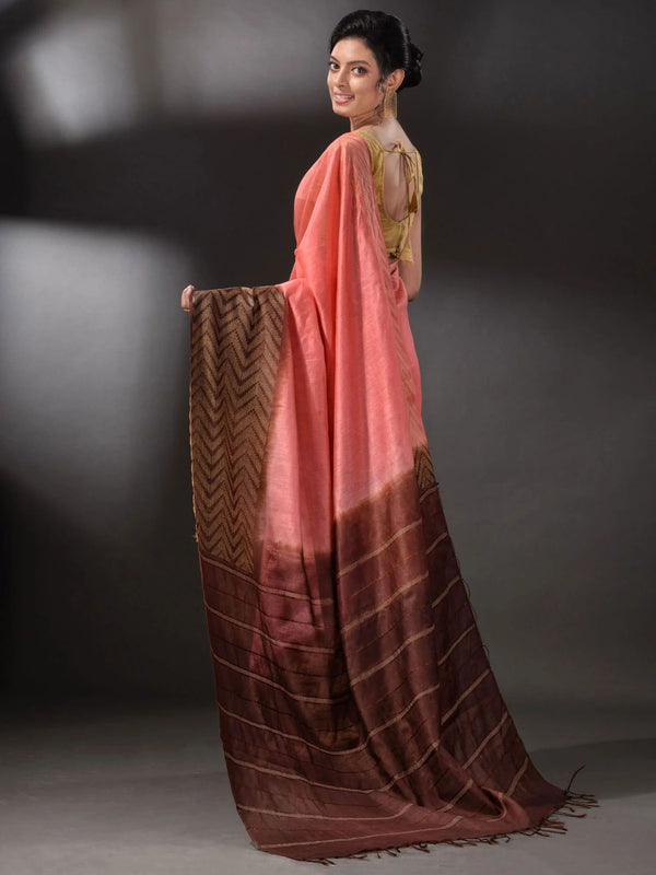 Semi Tussar Silk Two Dye Saree with Blouse Piece (Suglu_Pink &  Eclip_Brown) - View 4