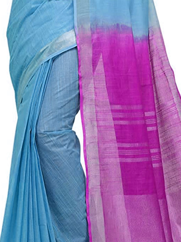 Pacific Cyan & Wild Strawberry women's Handloom Bhagalpuri Linen Blend Two Dye Saree With Running Unstitched Blouse Piece - View 5