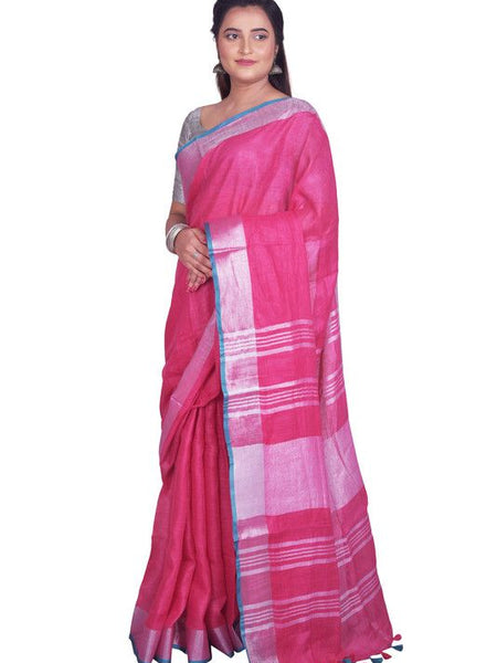 Bhagalpuri Blend Linen Saree With Contrast Blouse Piece - View 2