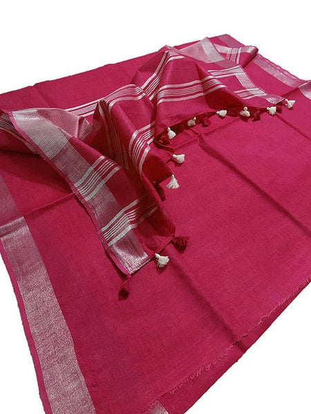 Cerise Red women's Bhagalpuri Linen Saree With Blouse Piece - View 3