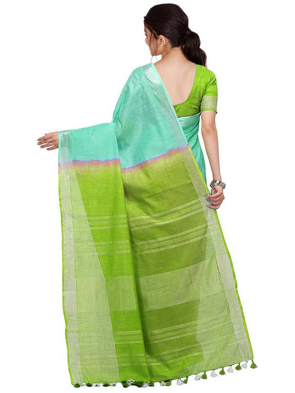 Bhagalpuri Handloom Ethnic Wear Linen Two Dye Saree With Running Unstitched Blouse Piece - View 3