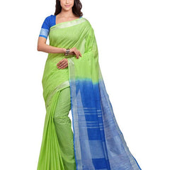 Green & Cyan women's Bhagalpuri Handloom Linen Slub Blend Two Dye Saree With Running Unstitched Blouse Piece - View 2