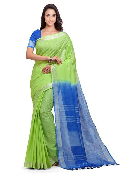 Green & Cyan women's Bhagalpuri Handloom Linen Slub Blend Two Dye Saree With Running Unstitched Blouse Piece - View 2