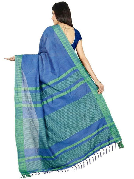 Blue women's Bhagalpuri Handloom Kota Silk Temple Border Saree And Variation Of Colors With Striped Blouse Piece - View 4