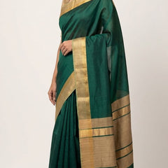 Bhagalpuri Cotton Tussar Silk Saree with Designed Border (Midnight Green) - View 4
