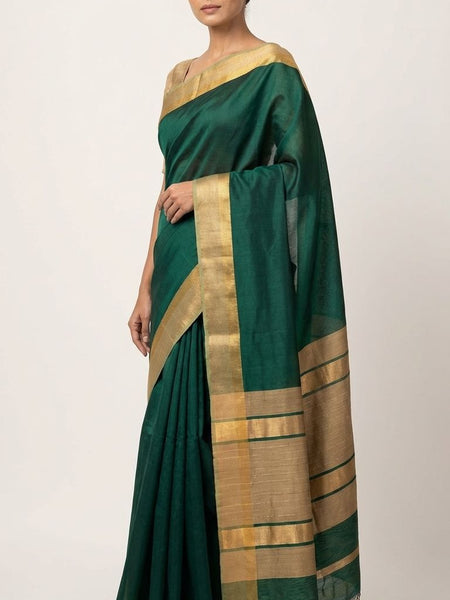 Bhagalpuri Cotton Tussar Silk Saree with Designed Border (Midnight Green) - View 4