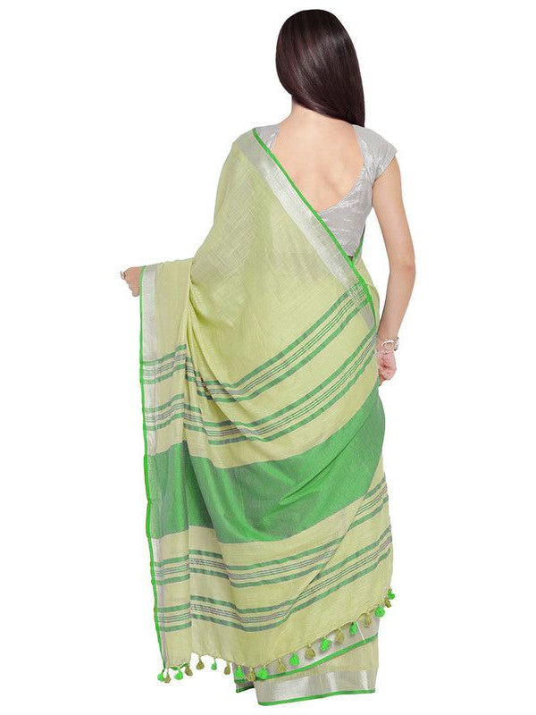 Mindaro Green-Green women's Bhagalpuri Handloom Cotton Linen Blend Contrast Pallu Saree And Unstitched Contrast Blouse Piece - View 4