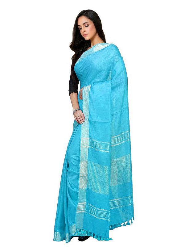 Cyan Bhagalpuri women's Handloom Linen Cotton Ethnic Wear Saree With Running Unstitched Blouse Piece - View 5