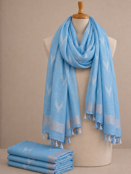 Linen Cotton Blend Zari Weaving Handloom Ikkat Dupatta (300088 Light_Sky Blue)