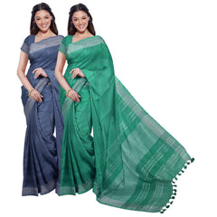 Bhagalpuri Handloom Cotton-Linen Blend Saree With Running Unstiched Blouse Piece (Lake_Grey & Mint_Green)