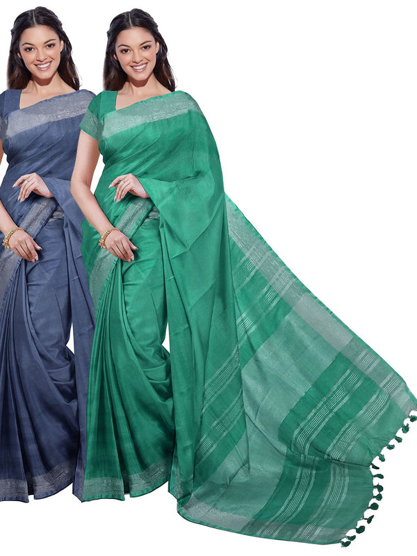 Bhagalpuri Handloom Cotton-Linen Blend Saree With Running Unstiched Blouse Piece (Lake_Grey & Mint_Green)