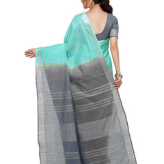 Turquoise & Grey women's Handloom Bhagalpuri Cotton Linen Blend Two Dye Saree With Running Unstitched Blouse Piece - View 5