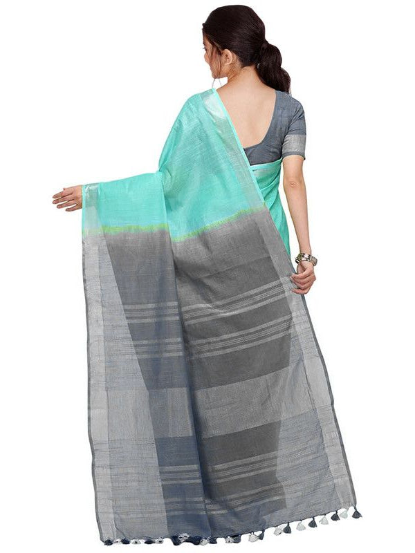 Turquoise & Grey women's Handloom Bhagalpuri Cotton Linen Blend Two Dye Saree With Running Unstitched Blouse Piece - View 5