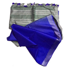 Grey & Chrysler Blue Bhagalpuri women's Ethnic Wear Handloom Cotton Zari Border Two Dye Saree With Running Unstitched Blouse Piece - View 2