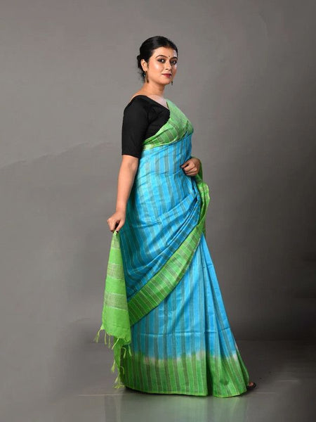 Two Dye Handloom Bhagalpuri Striped Semi Tussar Silk Saree (Fountain_Cyan & Mantris_Green) - View 3