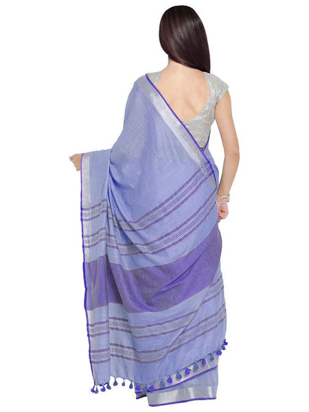 Tropical Indigo-Blue women's Bhagalpuri Handloom Cotton Linen Blend Contrast Pallu Saree And Unstitched Contrast Blouse Piece - View 4