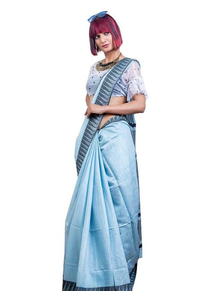 Baby Blue women's Bhagalpuri Handloom Kota Silk Temple Border Saree And Variation Of Colors With Striped Blouse Piece - View 4