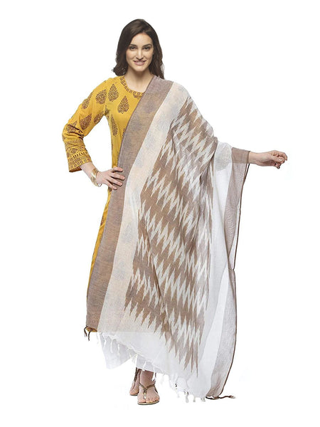 Linen Cotton Bhaglpuri Handloom Ikkat Dupatta for women's (Brown)