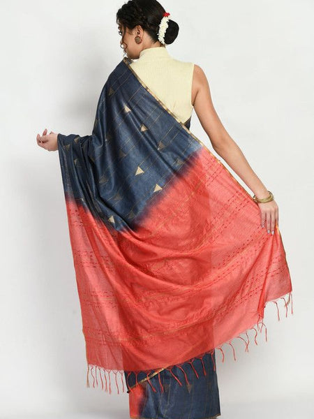 Women's Handloom Two Dye Semi Tussar Silk Striped Temple Motif Bhagalpuri Saree (Black & Terracota_Red) - View 3