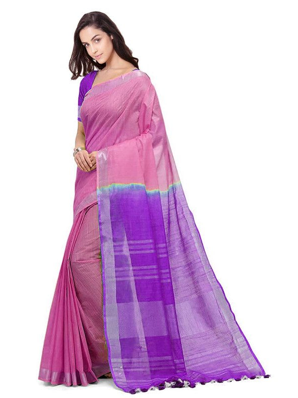 Blush Pink & French Violet women's Handloom Bhagalpuri Cotton Linen Blend Two Dye Saree With Running Unstitched Blouse Piece
