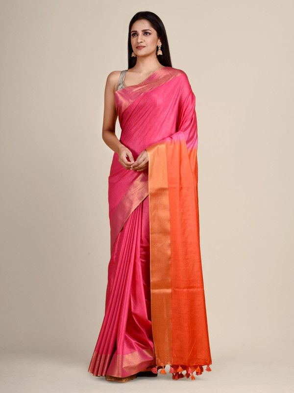 Handloom Tussar Munga Silk Bhagalpuri Two Dye Saree for women's (Cerise_Pink & Persmon_Orange) - View 2