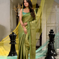 Women's Cotton Tissue Silk Bhagalpuri Designer Handloom Weaving Saree (Avocado_Green) - View 2