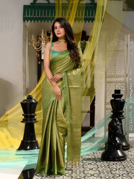 Women's Cotton Tissue Silk Bhagalpuri Designer Handloom Weaving Saree (Avocado_Green) - View 2