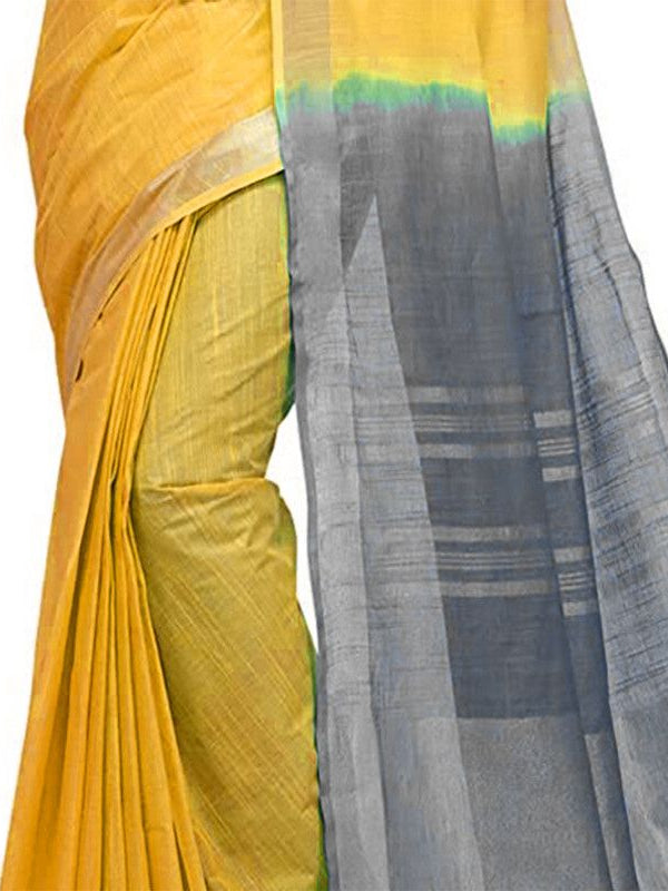 Yellow & Grey women's Handloom Bhagalpuri Cotton Slub Blend Two Dye Saree With Running Unstitched Blouse Piece - View 4
