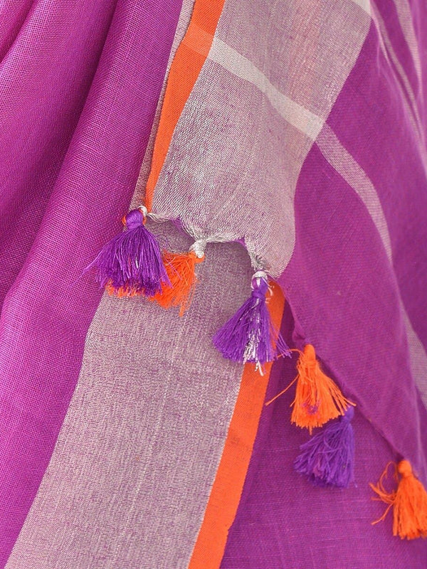 Linen Cotton Blend Contrast Handloom Bhagalpuri Saree for Women (Fuchsia_Pink-Orange) - View 6