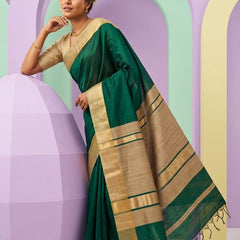 Bhagalpuri Cotton Tussar Silk Saree with Designed Border (Midnight Green)