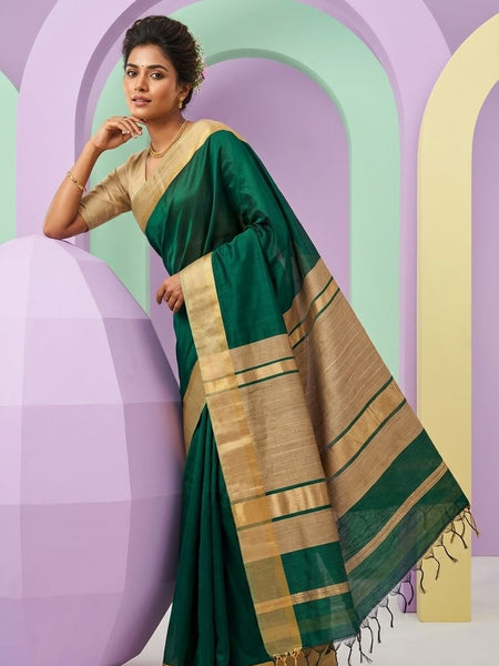 Bhagalpuri Cotton Tussar Silk Saree with Designed Border (Midnight Green)