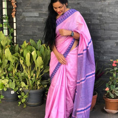 Carnation Pink women's Bhagalpuri Handloom Kota Silk Temple Border Saree And Variation Of Colors With Striped Blouse Piece - View 5