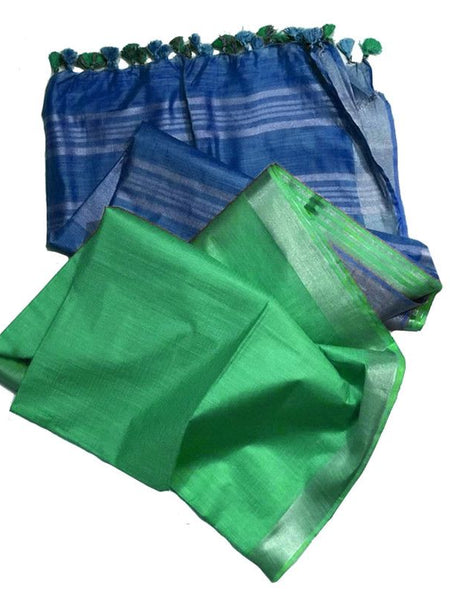 Celurean Cyan & Aquamarine Turquoise women's Bhagalpuri Ethnic Wear Handloom Cotton Linen Slub Blend Zari Border Two Dye Saree With Running Unstitched Blouse Piece - View 3