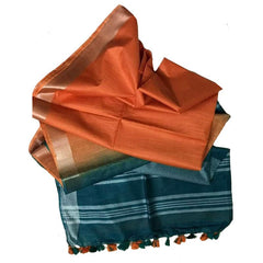 Prusian Blue & Carol Orange women's Bhagalpuri Ethnic Wear Handloom Cotton Linen Slub Blend Zari Border Two Dye Saree With Running Unstitched Blouse Piece - View 2