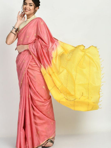 Handloom Semi Tussar Silk Bhagalpuri Two Dye Striped Temple Motif Saree (Blush_Pink & Canary_Yellow) - View 2