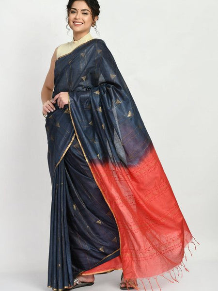 Women's Handloom Two Dye Semi Tussar Silk Striped Temple Motif Bhagalpuri Saree (Black & Terracota_Red) - View 4
